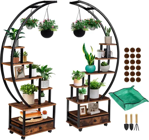 2 soportes para plantas de interior de media luna de 71 pulgadas de alto con ruedas bloqueables, estante para plantas de 14 niveles con cajón y