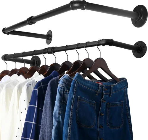 Miniatura 13 de WEBI Perchero de montaje en pared, 24 pulgadas de tubería industrial para colgar ropa, barra de hierro resistente, barra de ropa de exhibición al