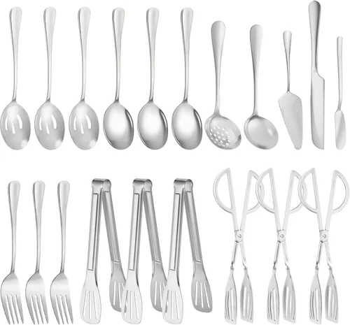 Miniatura 14 de Juego de 20 utensilios para servir, utensilios completos de acero inoxidable para bufé de catering para barbacoas de verano, parrillas, picnic