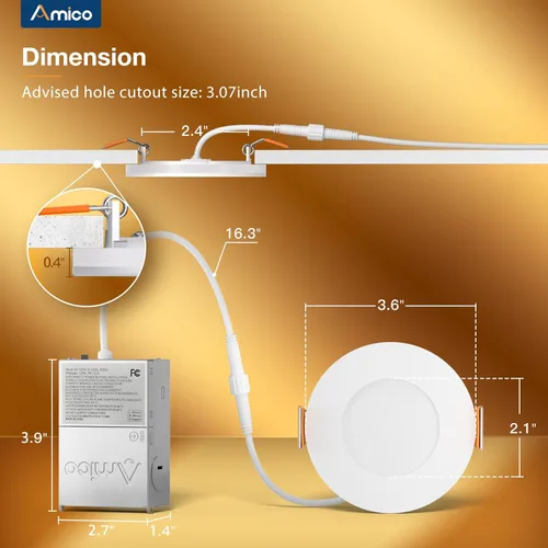 Miniatura 5 de Amico paquete de 12 luces de techo empotrables de 3 pulgadas, 5 CCT, con luz nocturna, 2700K/3000K/3500K/4000K/5000K seleccionables, iluminación