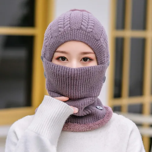Miniatura 5 de Gorros de invierno para mujer, de una pieza, con forro polar, de punto, pasamontañas, con cuello de calavera, bufanda circular, sombrero de nieve
