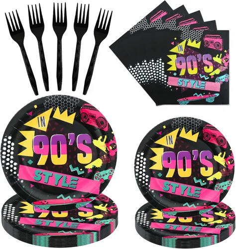 Juego de 96 piezas de vajilla de decoración de fiesta de los años 90 para adultos y adolescentes, incluye platos, servilletas, tenedores,