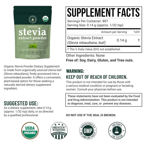 Miniatura 2 de Polvo de stevia orgánico, edulcorante de stevia 100% puro, 4 onzas, alternativa de azúcar de bajo índice glucémico, edulcorante en polvo