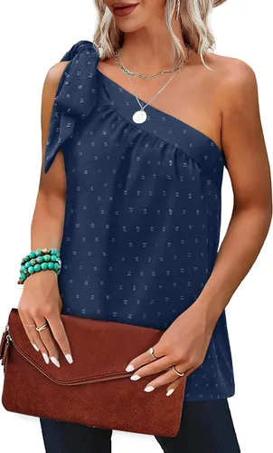 Miniatura 3 de XIEERDUO Camisetas de gasa de verano con un hombro para mujer, con lazo, sin mangas, ajuste holgado