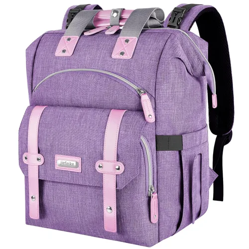 Jiefeike Mochila para pañales, bolsa de bebé morada para mamá, papá, niñas, niños, bolsa de pañales de 15.6 pulgadas con bolsillos aislados, puerto