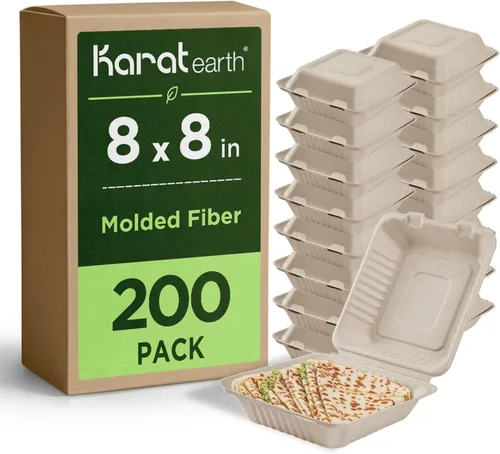 KARAT EARTH Clamshell - Contenedores Take Out de comida para llevar [8"x8", 200 ct] - Contenedores compostables para llevar, bagazo biodegradable