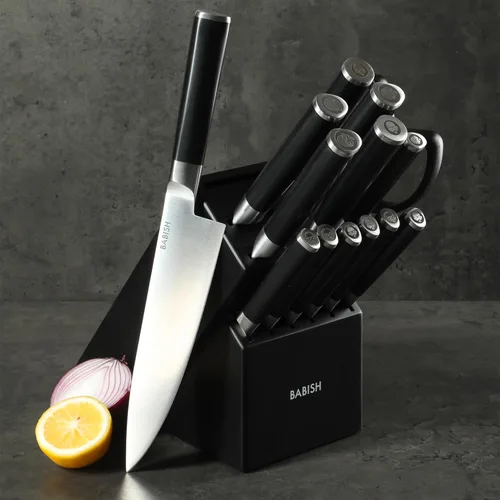 Miniatura 7 de Babish - Juego de cubertería de acero alemán de alto carbono 1.4116, 15 piezas, forjado de espiga completa, con bloque de cocina - Negro Hoja