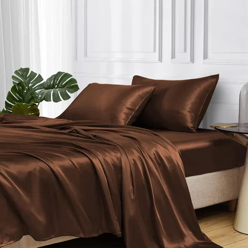 Miniatura 63 de MR&HM Sábanas de satén para cama de tamaño King, juego de 4 piezas de ropa de cama sedosa con bolsillo profundo de 15 pulgadas para colchón