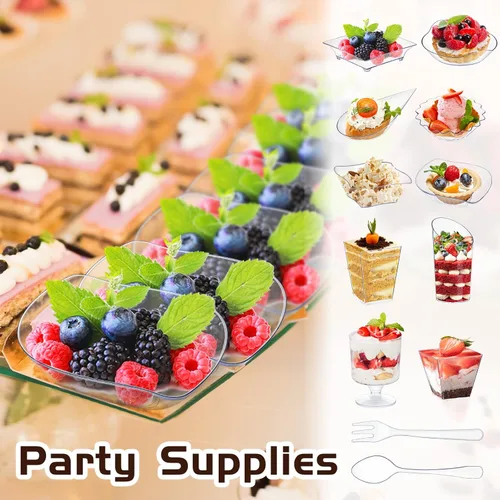 Miniatura 6 de Tessco for you Juego de 1600 mini platos de aperitivo, tazas de postre, tazas de plástico para parfait de formas variadas con cucharas desechables