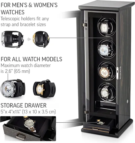 Miniatura 3 de Classic-4 - Soporte para 4 relojes automáticos con retroiluminación LED, pantalla táctil LCD y compartimento de almacenamiento