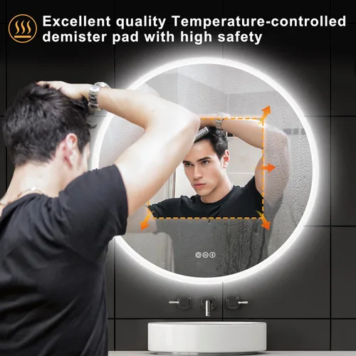 Miniatura 7 de S·BAGNO - Espejo de baño redondo de 32 luces con marco acrílico, espejo de baño LED de tocador montado en la pared, atenuación, cambio
