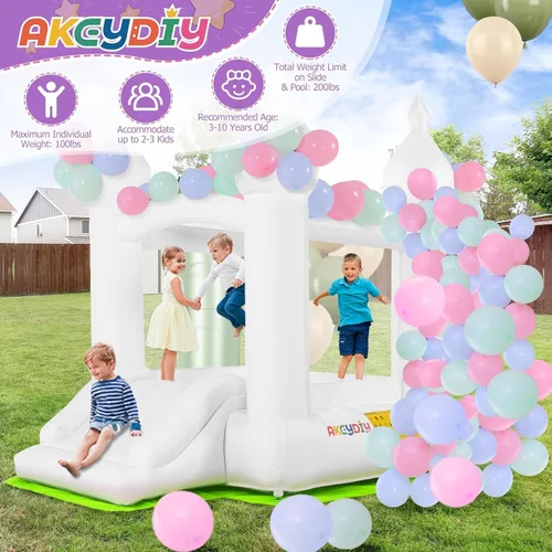 Miniatura 5 de Casa inflable de celebración blanca para niños con soplador UL, portátil, castillo hinchable 3 en 1 de color blanco de ensueño para interiores