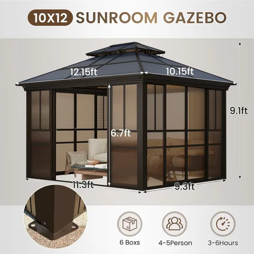 Miniatura 2 de YOLENY Gazebo de 10 x 12 pulgadas, solárium cerrado al aire libre con techo de policarbonato tintado, 4 puertas correderas con cerradura y marco