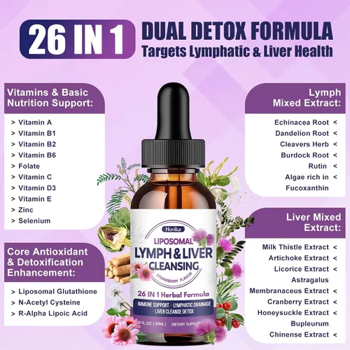 Miniatura 4 de Gotas de drenaje linfático liposomal, limpieza de hígado 26 en 1, desintoxicación y reparación con cardo mariano, equinácea, glutatión, vitaminas