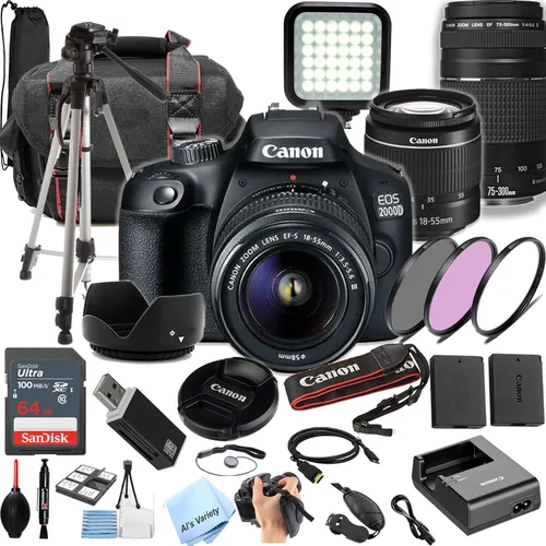Canon Cámara DSLR EOS 2000D/Rebel T7 | Kit de 2 lentes con EF18-2.165 in + lente EF 2.953-11.811 in + memoria de 64GB, luz de video LED, funda,