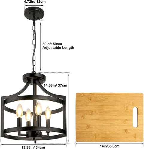Miniatura 4 de Candelabro de granja de 4 luces, iluminación colgante moderna, lámpara de techo convertible semiempotrada rústica vintage en negro para comedor