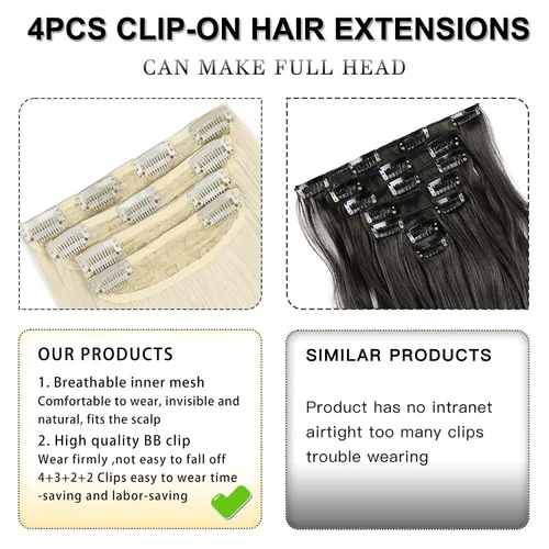 Miniatura 6 de Extensiones de cabello sintético con pinzas, largas y lacias, gruesas, extensiones de cabello natural de fibra de color rubio 613 de doble trama, 20