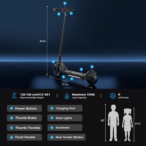 Miniatura 6 de Electric Scooter for Kids Ages 6-12, 150W Motor, Simple One-Button Control, 2 Safe Speeds (6/10 MPH), K2 Pro for 3 Speeds, Colorful Lights, Magnetic