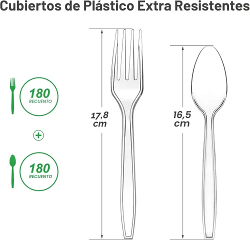 Miniatura 2 de Dealusy 360 Unidades Tenedores y Cucharas de Plástico Transparente Extra Resistentes, 180 Tenedores y 180 Cucharas, Resistentes al Calor, Juego