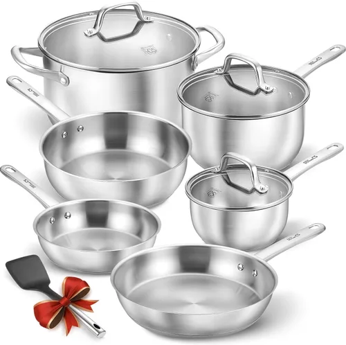 KOCH SYSTEME CS Juego de ollas y sartenes de acero inoxidable, 10 piezas de utensilios de cocina de acero inoxidable para cocina profesional, juegos