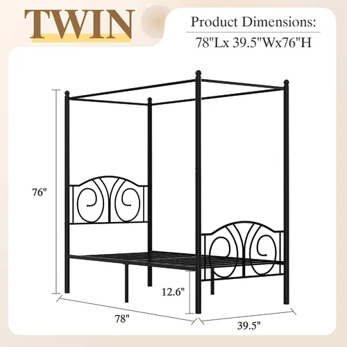 Miniatura 2 de VECELO Base de cama con dosel de metal, tamaño individual, base de colchón con plataforma de 4 pósteres con cabecero, soporte de listones de acero