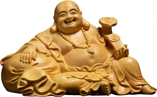 Miniatura 11 de Estatua de Buda Maitreya Maitreya tallada a mano de boj natural (ventilador de bolsa de tela)