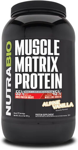 NutraBio Muscle Matrix Proteína en polvo – 0.88 oz de proteína por cucharada – Combo aislado de suero y caseína micelar para liberación rápida y