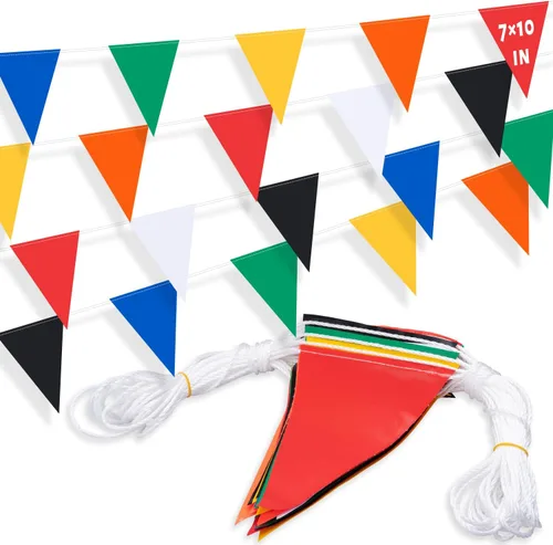 Miniatura 8 de Banderines de bandera de 105 pies, 7 x 10 pulgadas, rojo y amarillo, 45 piezas de alta visibilidad de seguridad en cuerda, bandera triangular