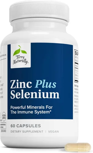 Terry Naturally Zinc Plus Selenio - Suplemento de salud inmune y respiratoria - Suplemento mineral con quelato de bisglicinato de zinc - Fórmula con