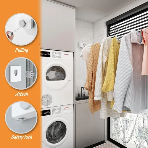 Miniatura 5 de Tendedero retráctil para interiores, línea de ropa que no se hunde que se retrae al aire libre, juego de línea de ropa montada en la pared