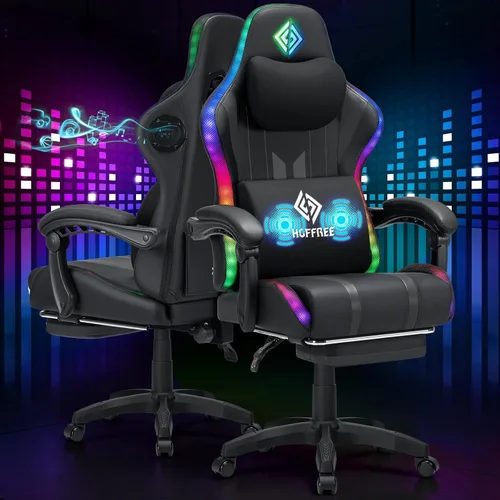 Miniatura 11 de HOFFREE Silla Gaming con Luces LED RGB de Ritmo Musical y Altavoces Bluetooth Silla Ergonómica de Gaming para Computadora con Masaje y Reposapiés