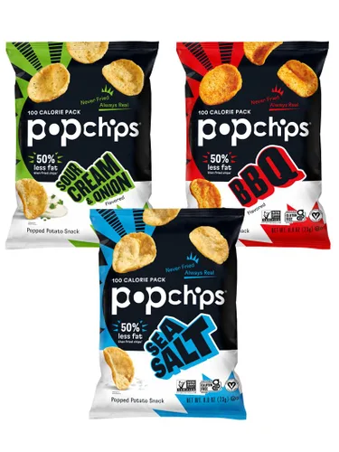 Popchips Paquete variado de papas fritas, sal marina, barbacoa, crema agria y cebolla, 12 bolsas de una sola porción de 0.8 onzas, sin gluten,