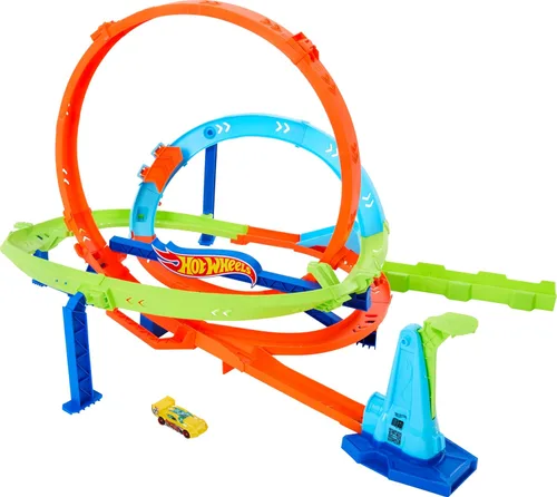 Hot Wheels Juego de pistas de coche de juguete, desafío de ciclón de bucle de acción, 18 pulgadas de alto, 2 formas de jugar y fácil almacenamiento,