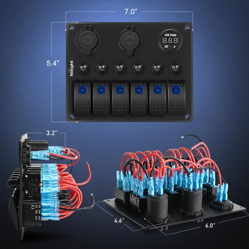 Miniatura 4 de Nilight Panel de interruptor basculante de 6 bandas, paneles de aluminio precableados impermeables con PD tipo C y encendedor de cigarrillos USB