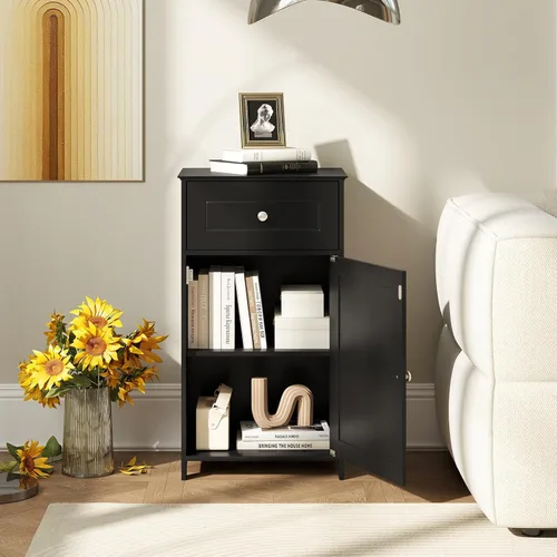 Miniatura 2 de Giantex Armario de almacenamiento de baño de piso, gabinete independiente con cajón, puerta, estante ajustable, dispositivo antivuelco, organizador