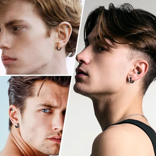 Miniatura 5 de Juego de 15 pares de aretes para hombre, de acero inoxidable, hipoalergénicos, con cruz, aretes de aro colgantes de moda, joyería de regalo