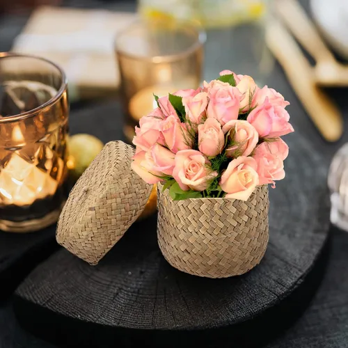 Miniatura 9 de Zerodeko Cesta de pastos marinos con tapa, cesta de flores tejida a mano con tapa, estante de mimbre, caja de almacenamiento pequeña, caja de regalo