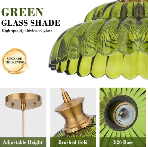 Miniatura 2 de Luces Colgantes de Vidrio Verde, 11.8" Iluminación Vintage Accesorios de Luz de Vidrio Dorado Cepillado Moderno Colgante de Techo para Isla