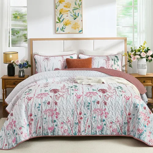 Miniatura 11 de Dobuyly - Juego de edredón para cama tamaño Queen, con diseño floral botánico en color teja, juego de edredón de 3 piezas, de microfibra suave