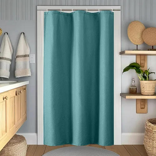 Miniatura 11 de OWENIE Cortina de ducha blanca para baño, 96 pulgadas, extra larga, elegante cortina de ducha de tela texturizada en relieve 3D, repelente al agua
