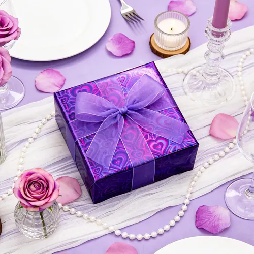 Miniatura 5 de Homeral Rollo de papel de regalo holográfico morado, patrón de corazón iridiscente brillante para el día de San Valentín, cumpleaños, día