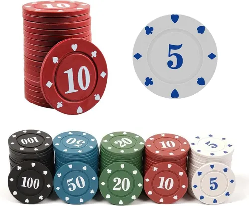 Miniatura 4 de 100 fichas de póquer con caja de almacenamiento, fichas de tarjetas de póquer de plástico con denominación número impreso para Texas Home Game