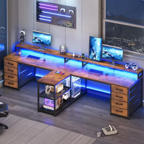 Miniatura 11 de SEDETA Escritorio para juegos para 2 personas de 94.5 pulgadas, escritorio largo para computadora de oficina con 8 cajones y luz LED, escritorio