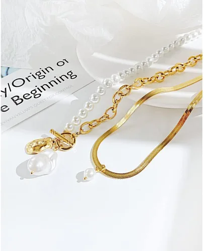 Miniatura 3 de Aleasha Gargantilla de cadena de serpiente dorada con collar de perlas barrocas para mujer, joyería de acero inoxidable, regalos, Acero inoxidable