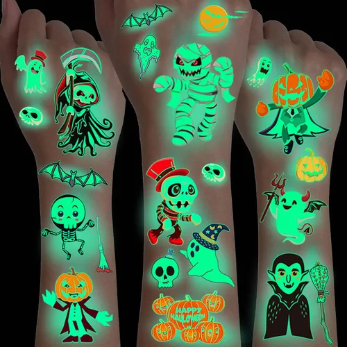 Miniatura 4 de 10 hojas de tatuajes temporales luminosos de Halloween con purpurina nocturna para niños y niñas, calcomanías de tatuaje falso 3D de zombi que