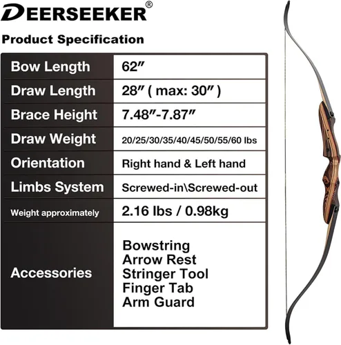 Miniatura 2 de Deerseeker Archery 62" Takedown Recurve Bow Set with Right Hand & Left-Handed Riser Laminated Limbs 20-60 lbs for Adults & Youth, Archery Practice &