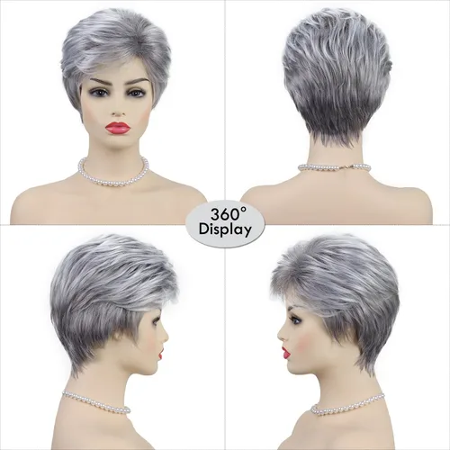 Miniatura 5 de Pelucas cortas gris plateadas para mujeres blancas, pelucas sintéticas con corte pixie natural y a capas con flequillo, peluca corta de pelo gris
