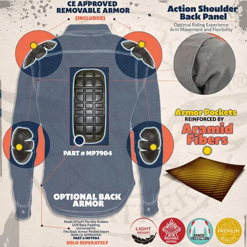 Miniatura 8 de Camisa de motociclista Milwaukee Leather para hombre, de franela a cuadros azul con armadura aprobada por CE reforzada con fibra de aramida MPM1634