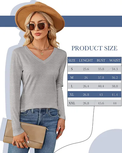 Miniatura 7 de Ficerd Paquete de 2 camisetas de manga larga para mujer, cuello en V, casuales, ajustadas, básicas, de color sólido, dobladillo curvado