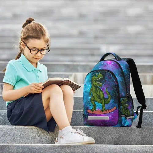 Miniatura 8 de Mochila para laptop con diseño de dinosaurio, color rosa y azul, con diseño de galaxia, bolsa de viaje, casual, con correa para el pecho, para niños